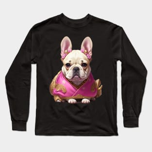 Charming Frenchie Puppy in Pink Floral Hanbok Long Sleeve T-Shirt